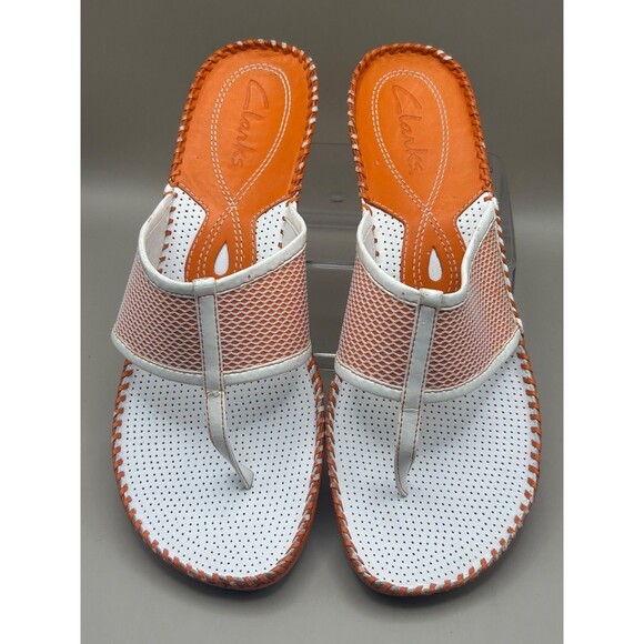 Clarks Womens Sandals Thong White Orange Slip On Vintage Wooden Heels Size 8.5 - Picture 5 of 9
